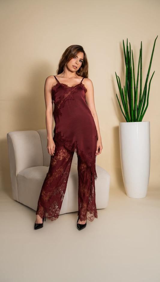 Jumpsuit Satinado Burdeo - Vista frontal