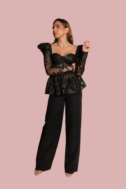 Black Lace Peplum & Wide Leg Pants Set
