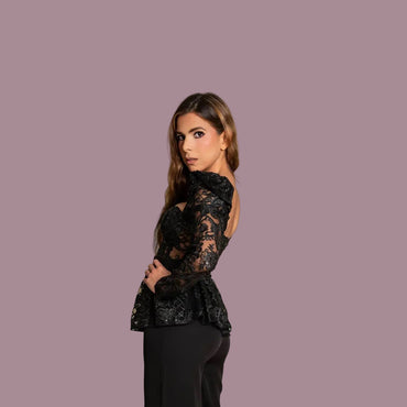 Black Lace Peplum & Wide Leg Pants Set