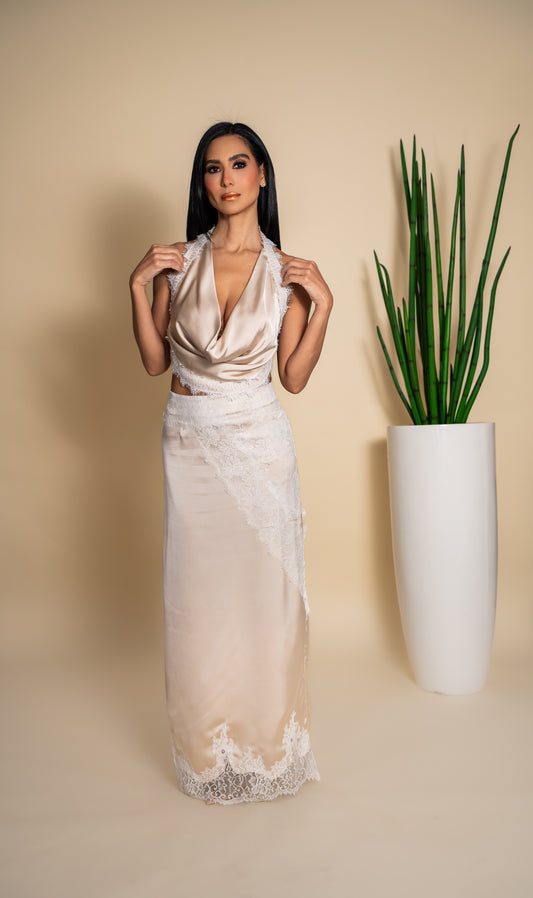 Champagne Satin Halter Crop Top & Lace Maxi Skirt Set