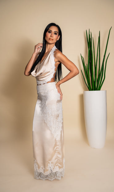 Champagne Satin Halter Crop Top & Lace Maxi Skirt Set