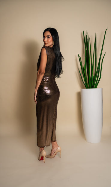 Bronze Metallic Deep V Draped Maxi Dress