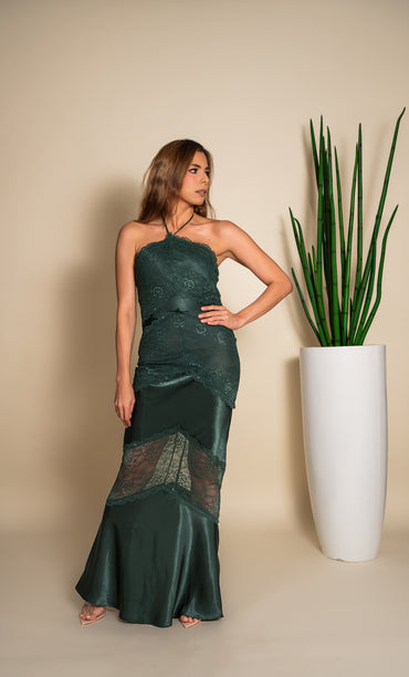 Emerald Green Satin Halter Lace Maxi Dress