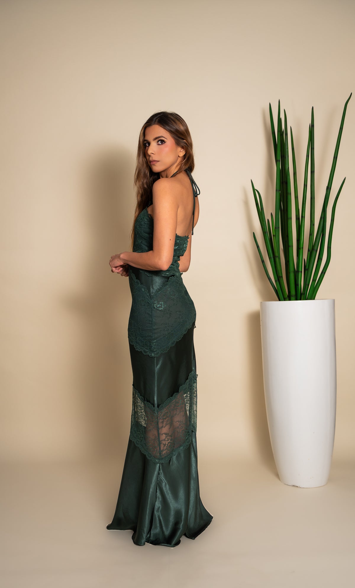 Emerald Green Satin Halter Lace Maxi Dress
