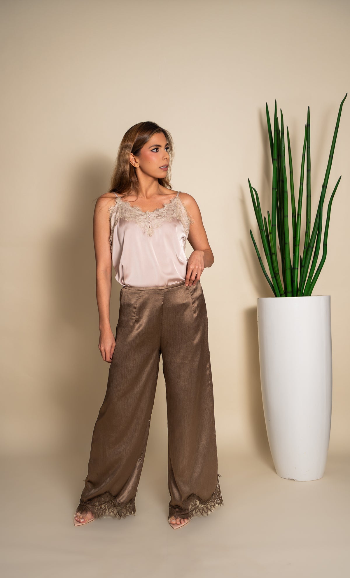 Taupe Satin Wide-Leg Lace Hem Pants