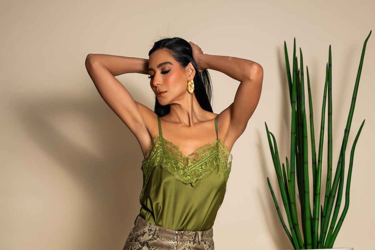 Olive Green Satin Lace Camisole Top