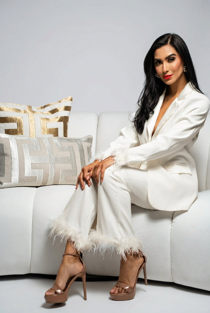 White Feather Trim Blazer & Flare Pants Set