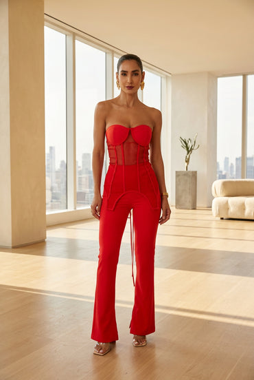 Red Corset & Flare Pants Set