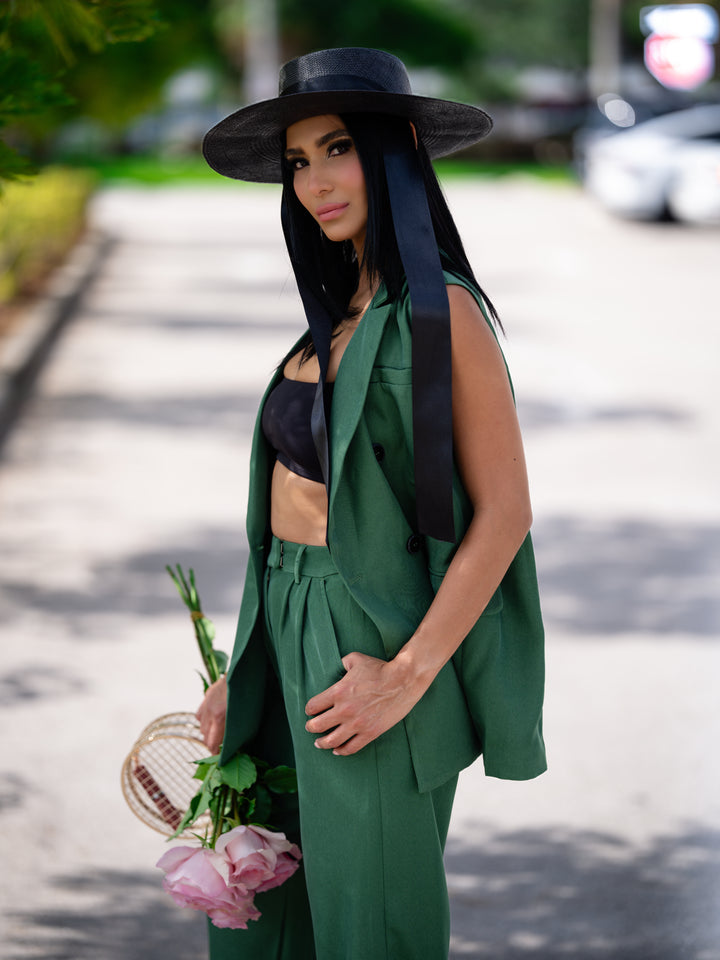 Green Wide-Leg Pants & Oversized Vest Set