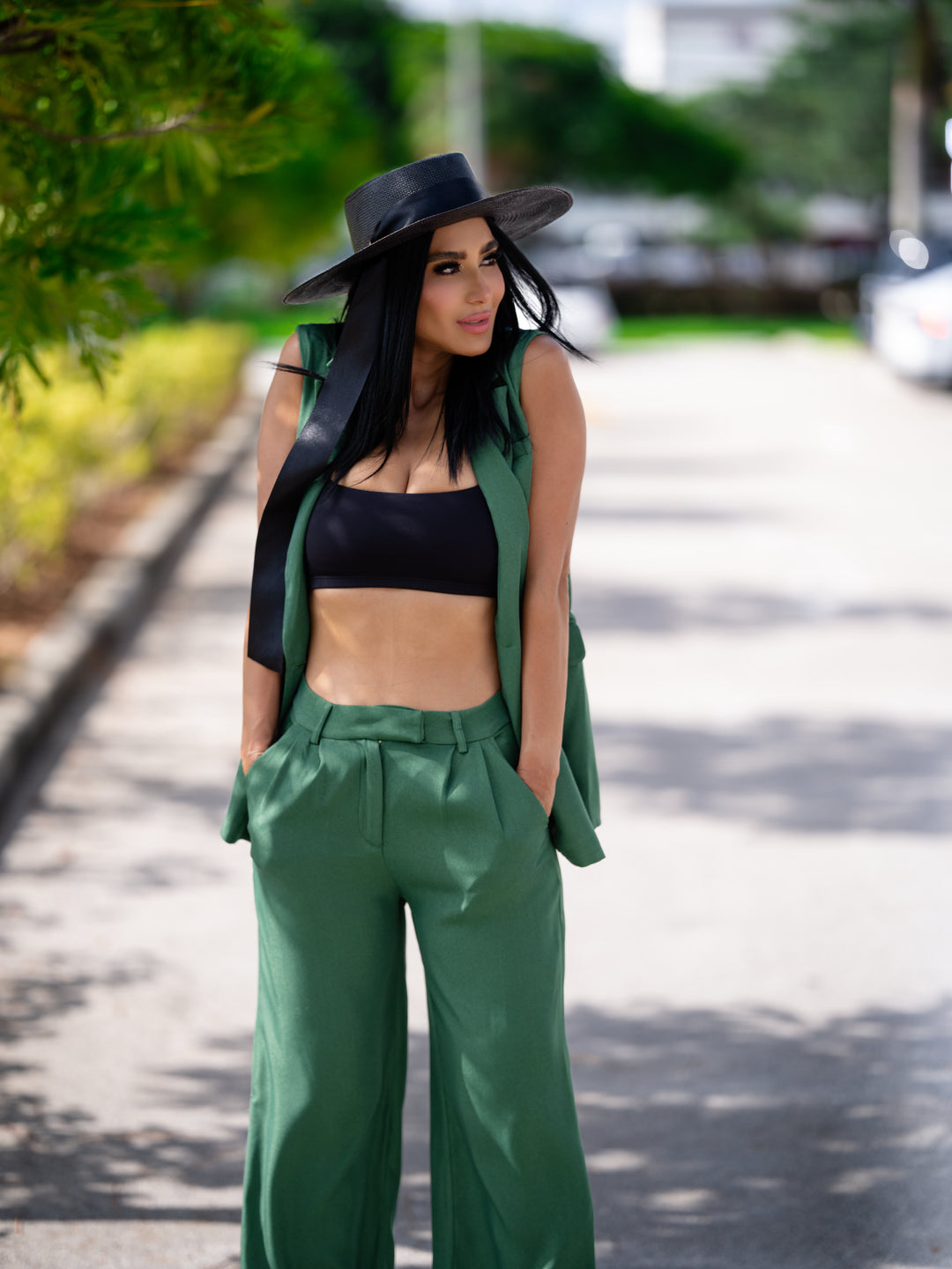 Green Wide-Leg Pants & Oversized Vest Set