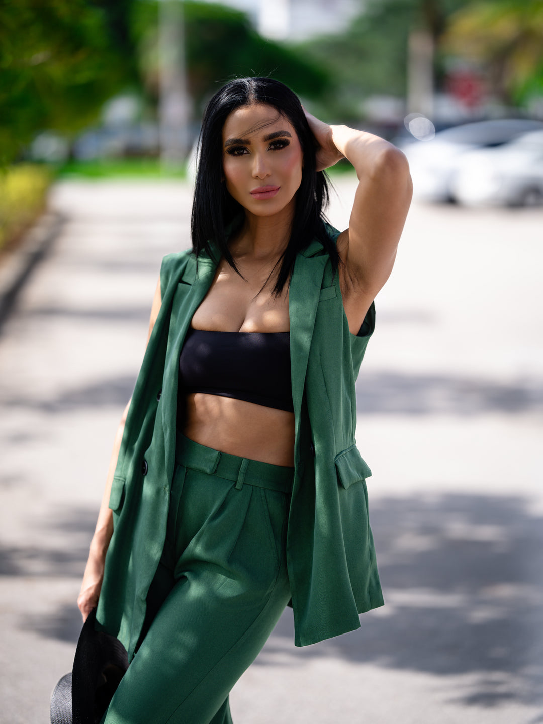 Green Wide-Leg Pants & Oversized Vest Set