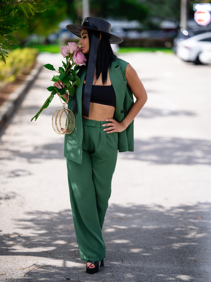 Green Wide-Leg Pants & Oversized Vest Set