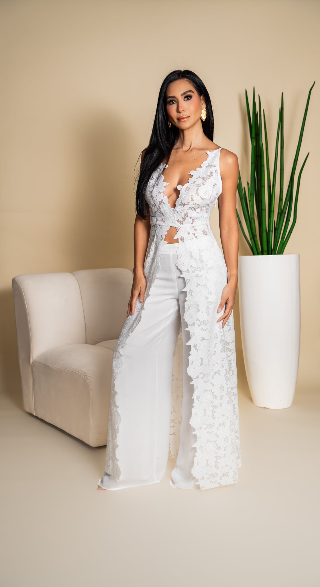 White Lace Floral Jumpsuit BZ10862 - Front view