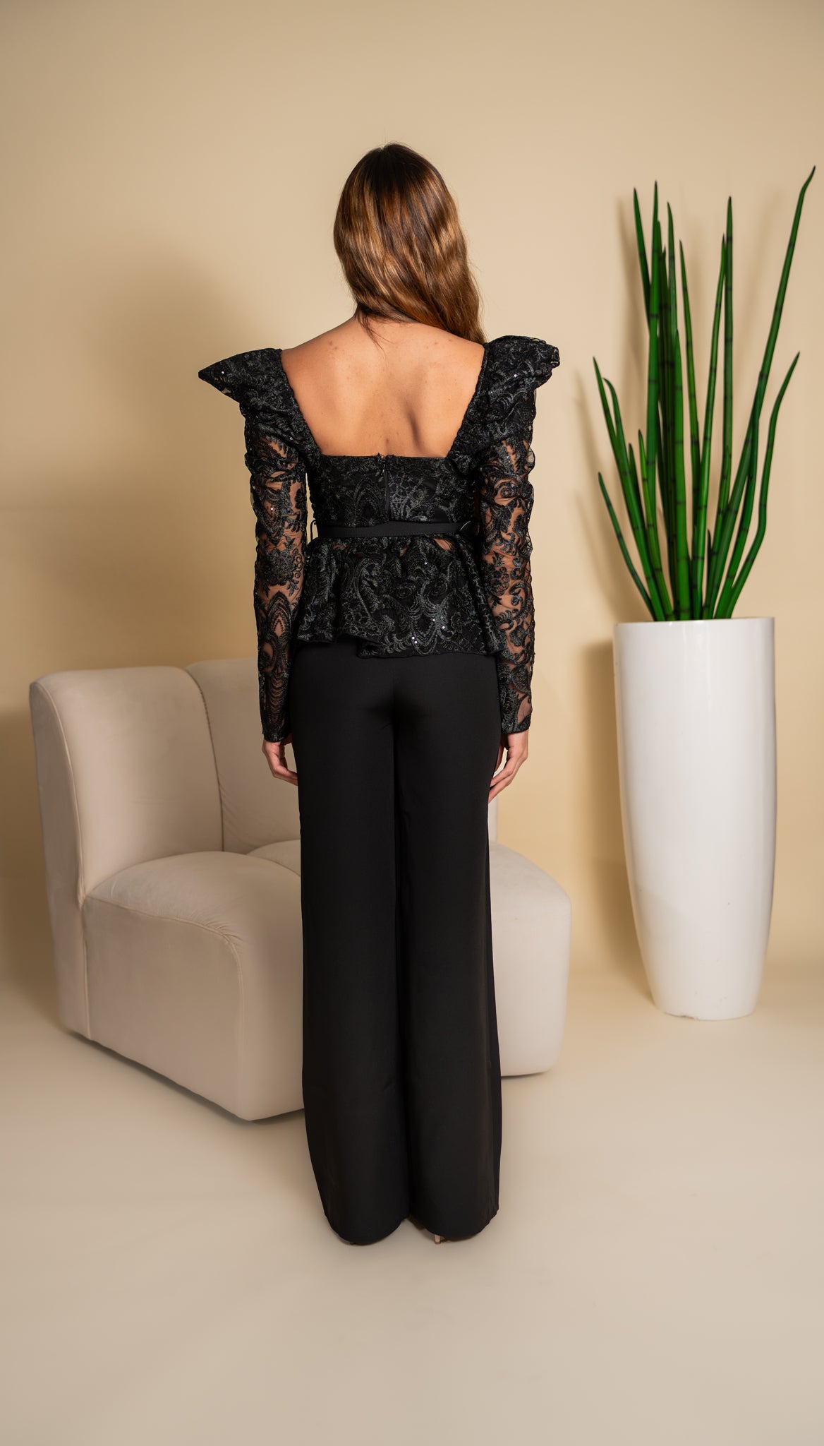 Black Lace Peplum & Wide Leg Pants Set
