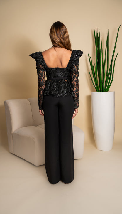 Black Lace Peplum & Wide Leg Pants Set