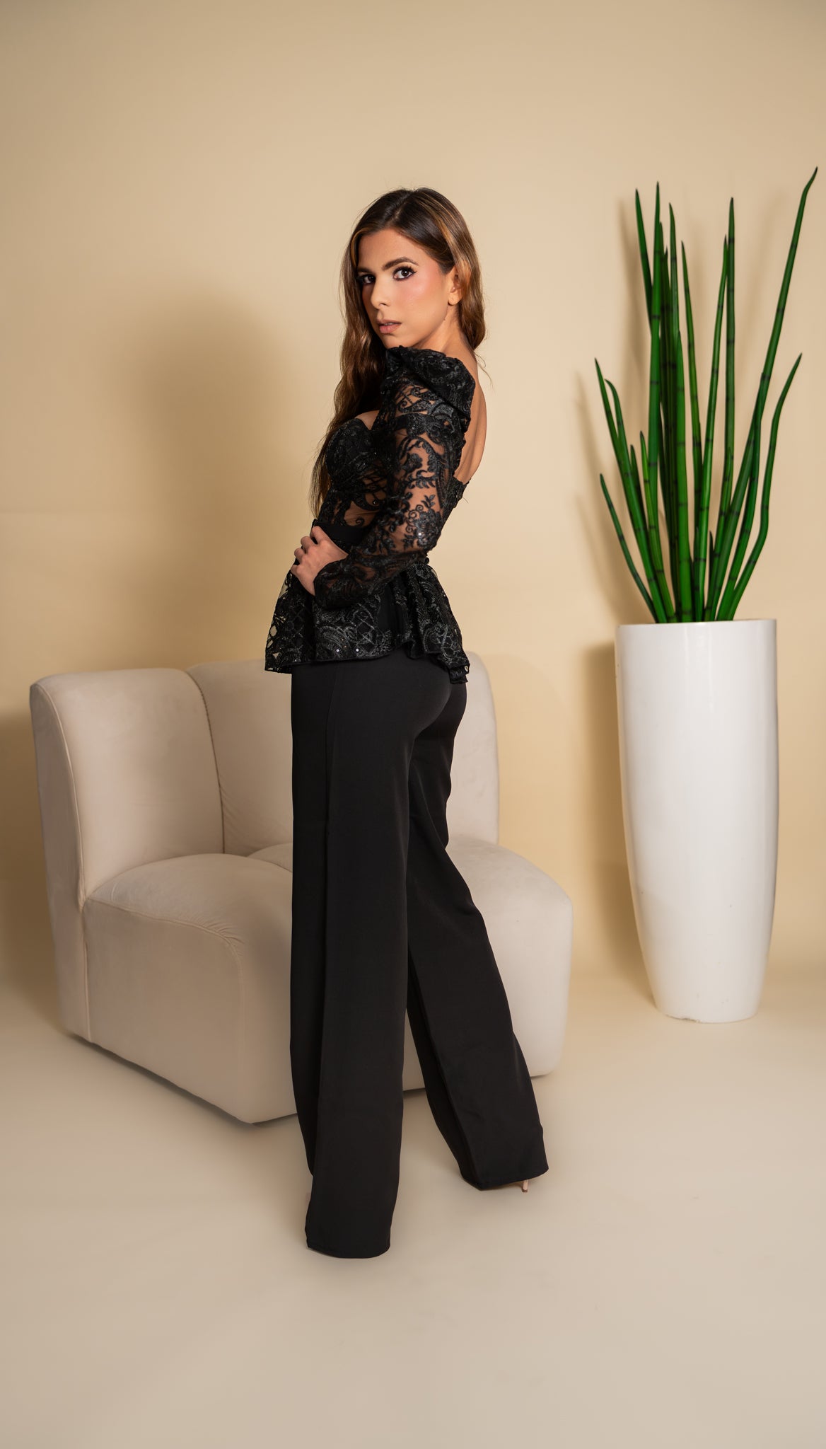 Black Lace Peplum & Wide Leg Pants Set