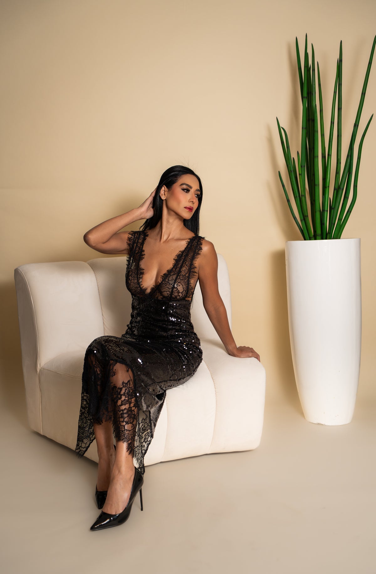 Black Sequin & Lace Maxi Dress