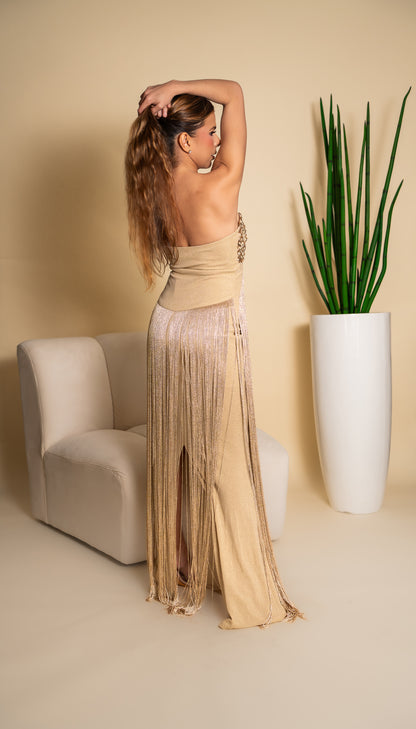 Gold Fringe Maxi Dress with Embroidered Bodice