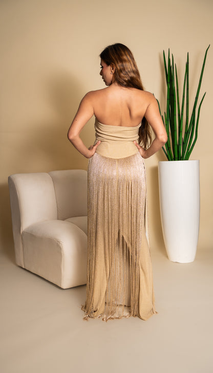 Gold Fringe Maxi Dress with Embroidered Bodice