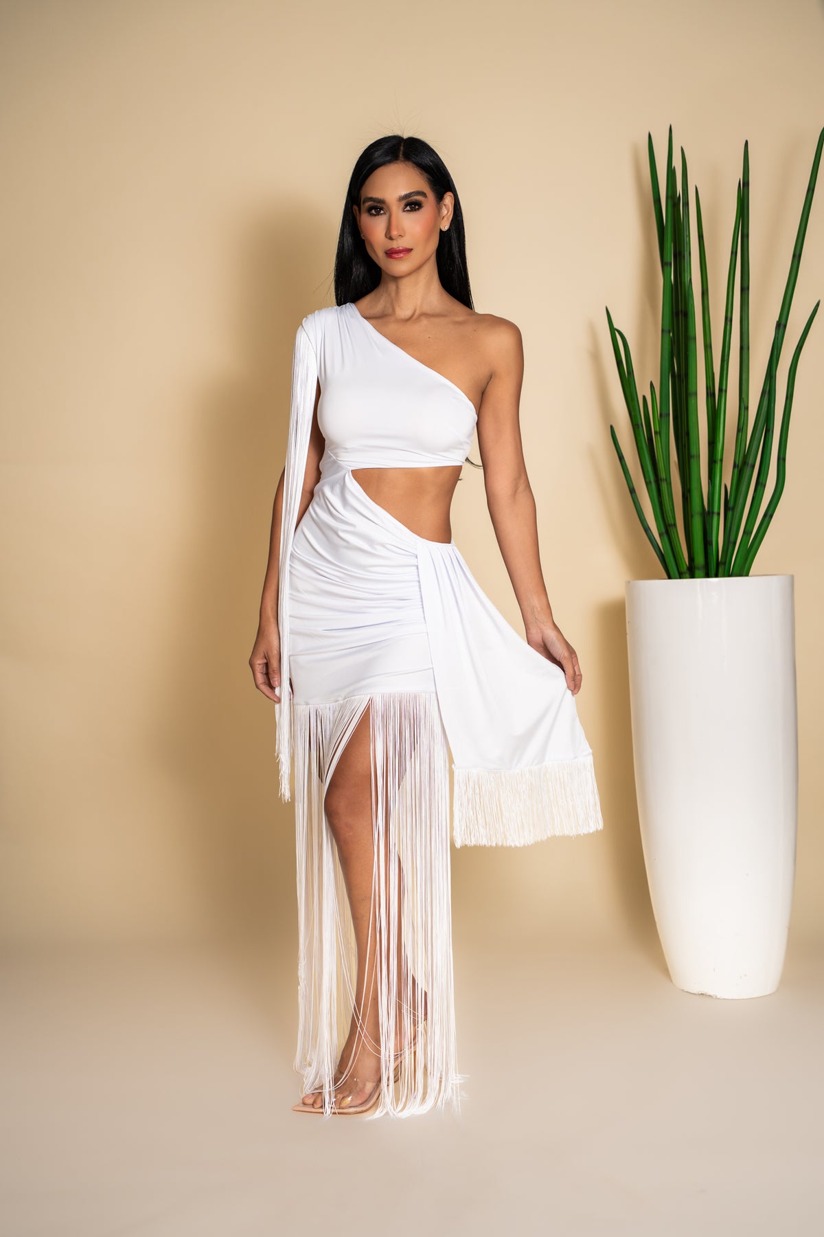 White Fringe One-Shoulder Set