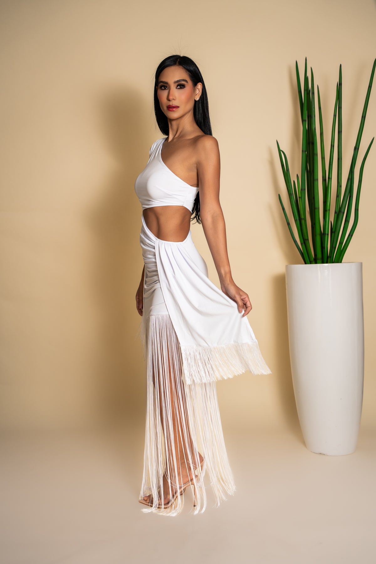 White Fringe One-Shoulder Set