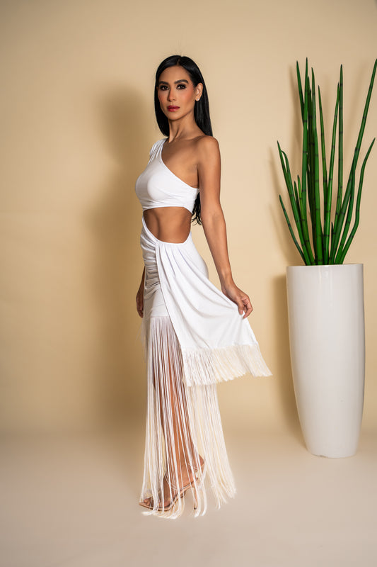White Fringe One-Shoulder Set