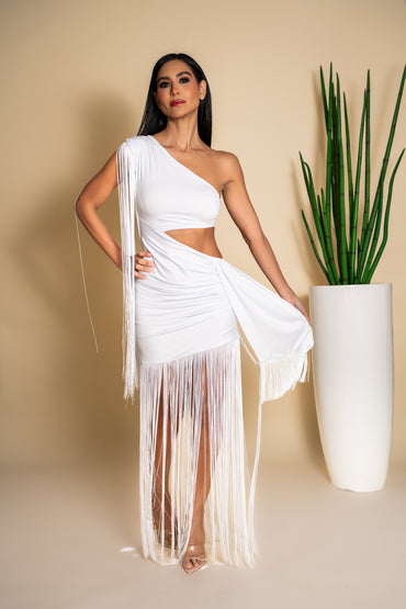 White Fringe One-Shoulder Set