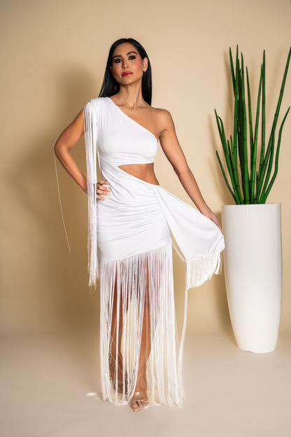 White Fringe One-Shoulder Set