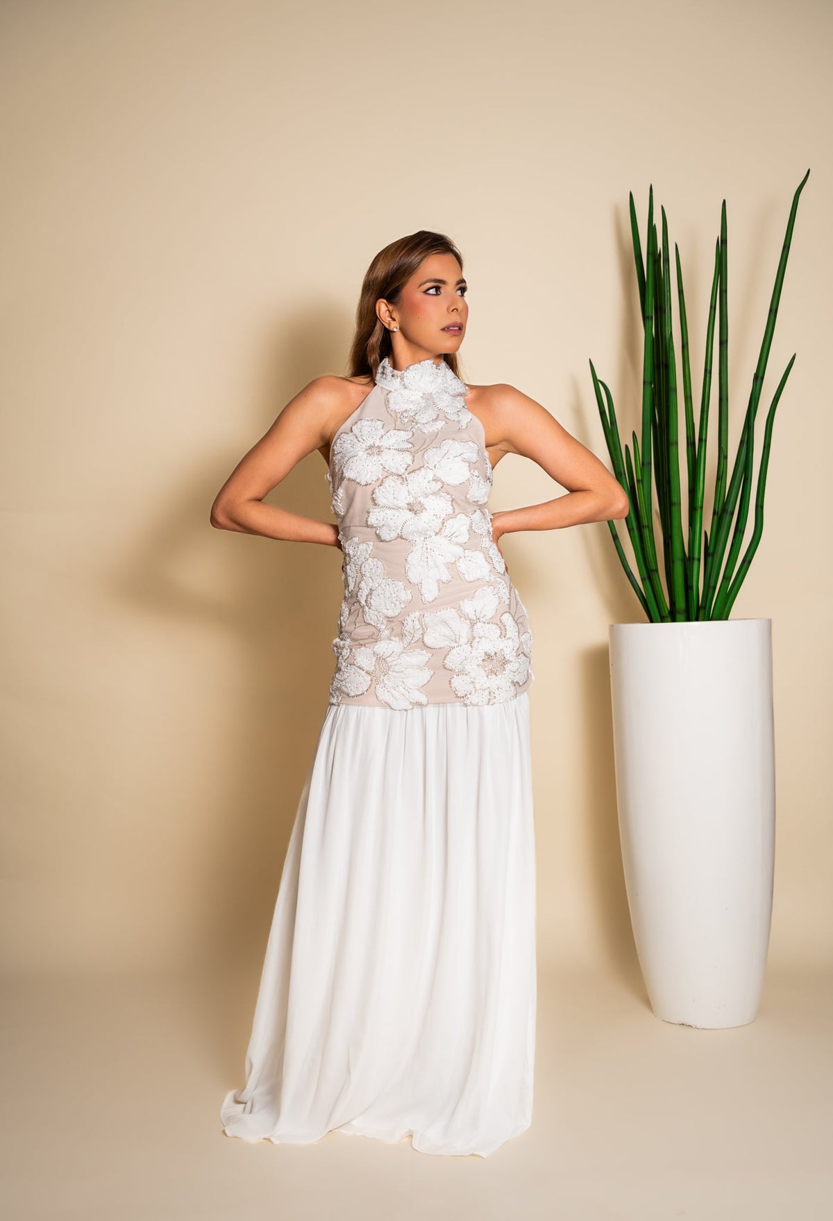 Vestido blanco flores 3D - vista completa