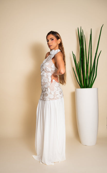 Vestido blanco flores 3D - vista lateral