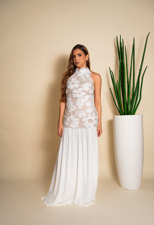 Vestido blanco flores 3D - vista frontal