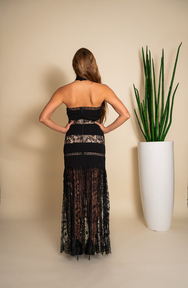 Vestido negro largo de seda con encaje - vista trasera