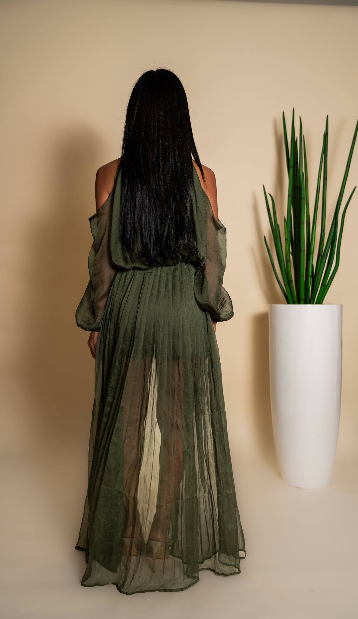 Olive Green Chiffon Cape & Shorts Set