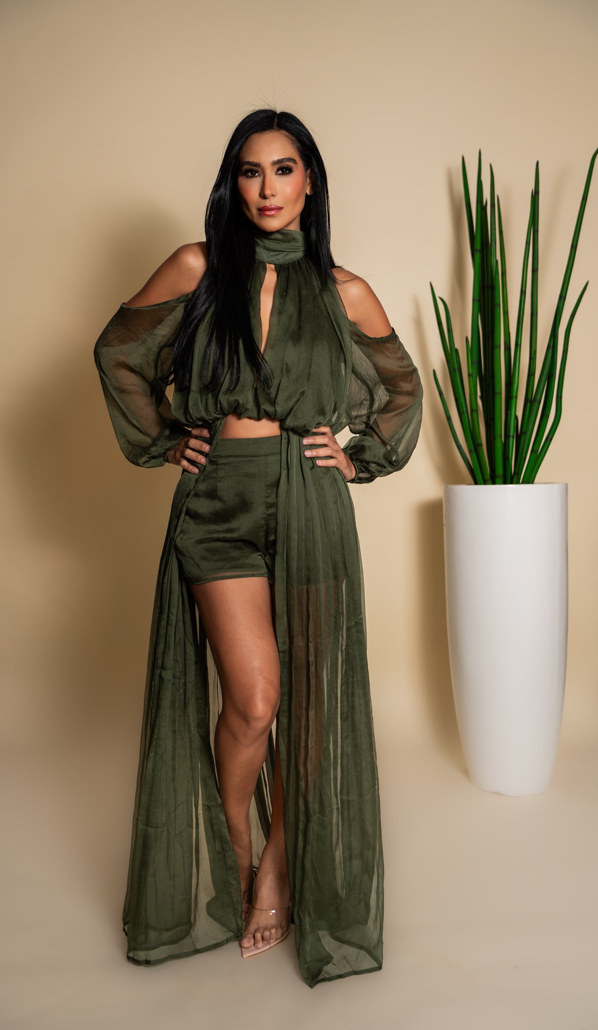 Olive Green Chiffon Cape & Shorts Set