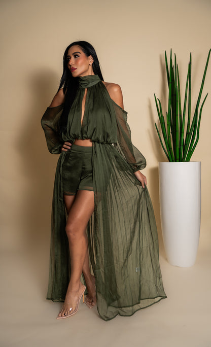Olive Green Chiffon Cape & Shorts Set