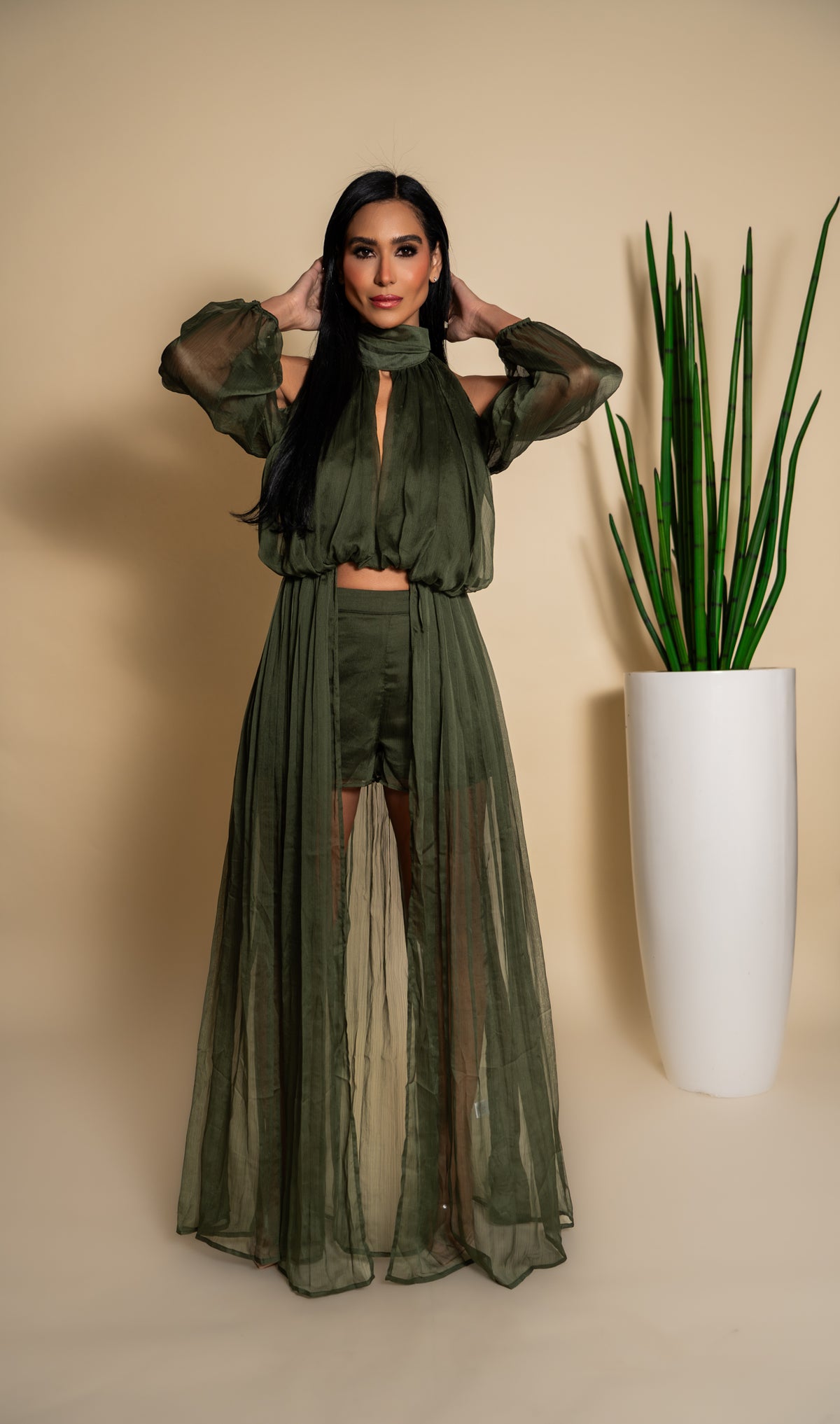 Olive Green Chiffon Cape & Shorts Set