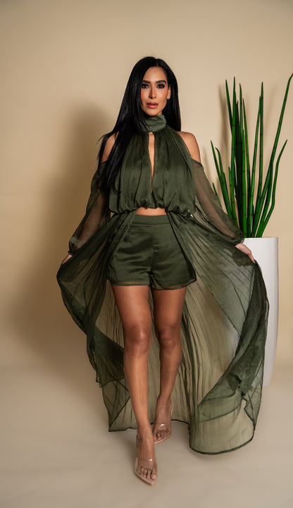 Olive Green Chiffon Cape & Shorts Set