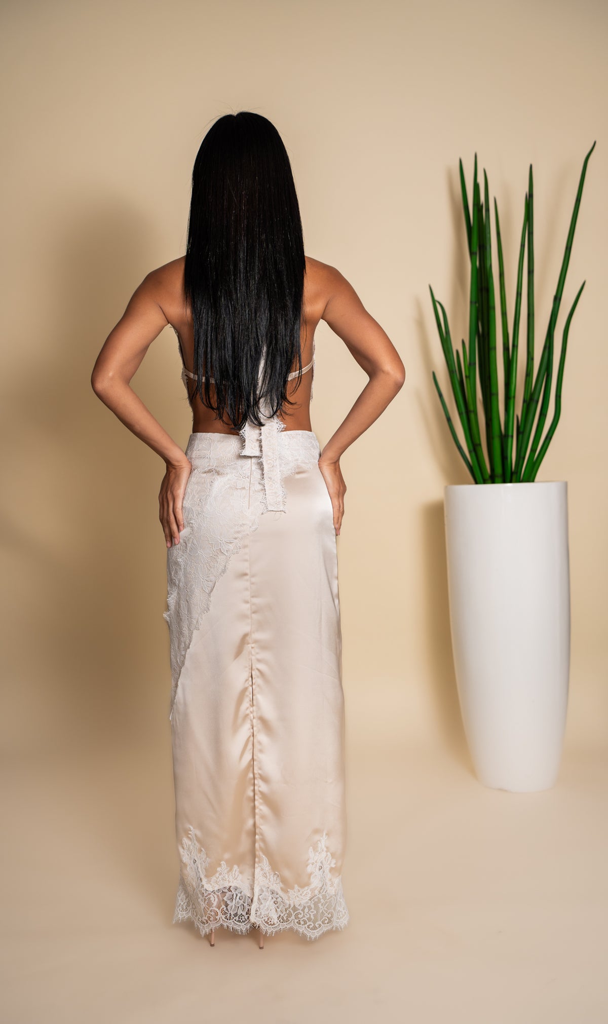Champagne Satin Halter Crop Top & Lace Maxi Skirt Set