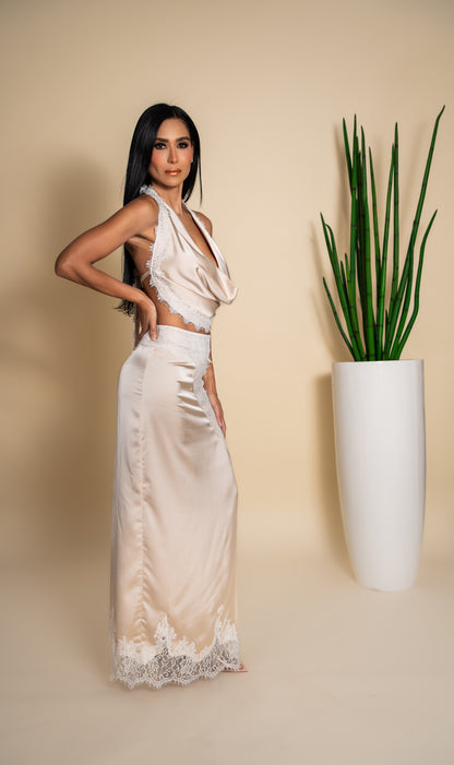 Champagne Satin Halter Crop Top & Lace Maxi Skirt Set