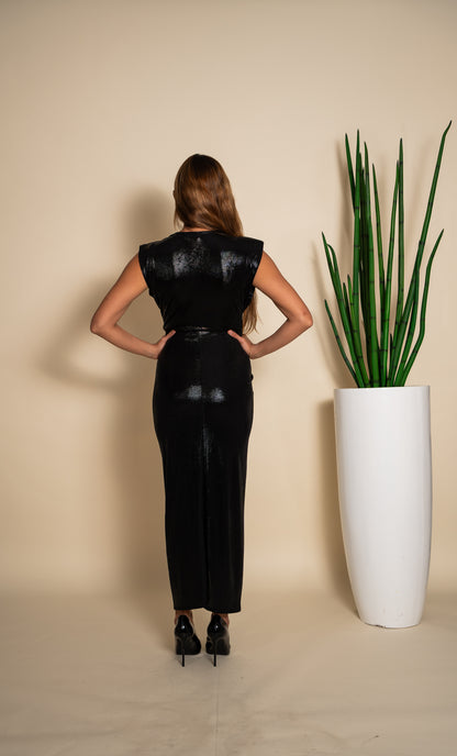 Black Metallic Deep V Maxi Dress