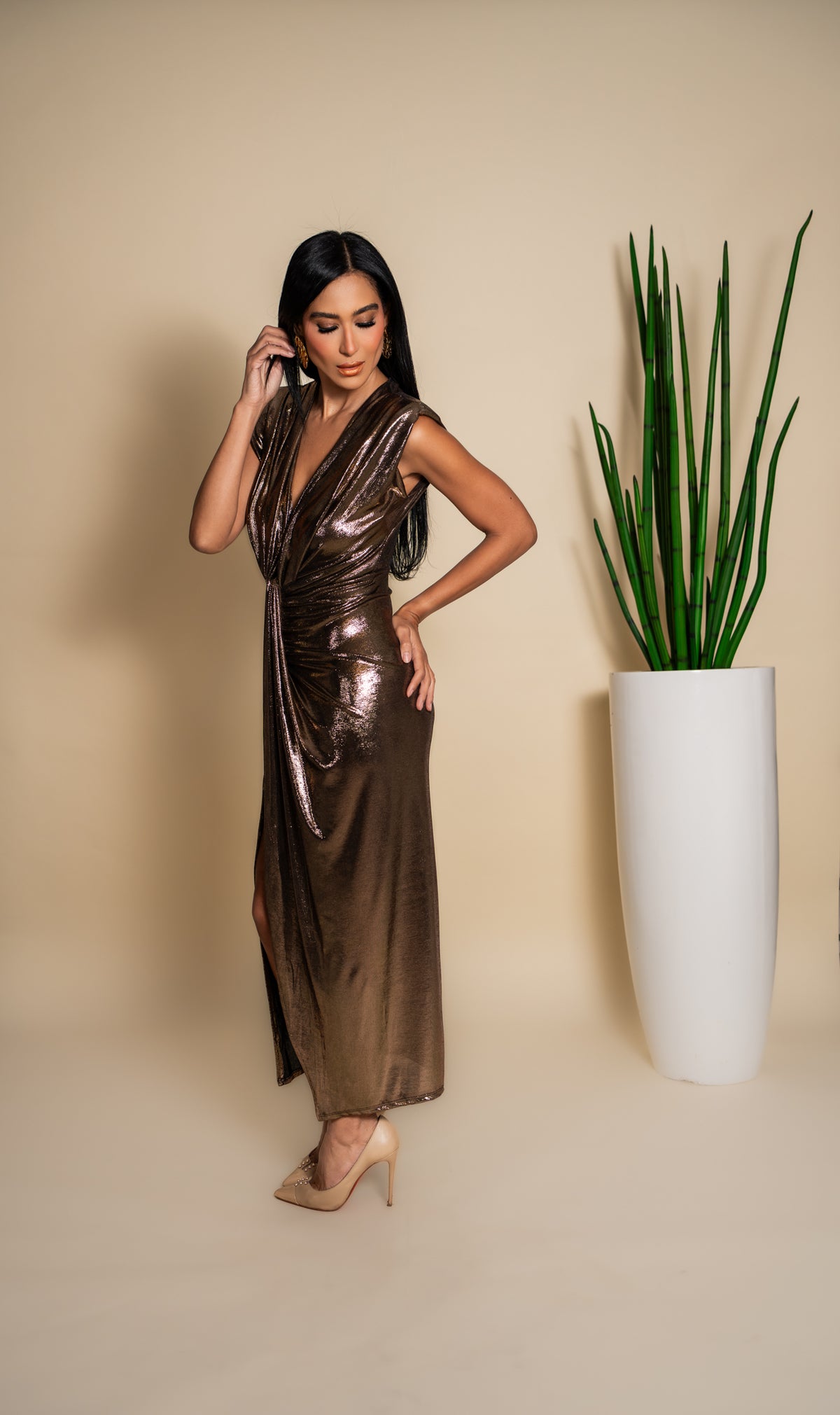 Bronze Metallic Deep V Draped Maxi Dress