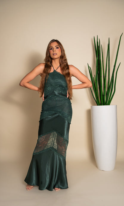 Emerald Green Satin Halter Lace Maxi Dress