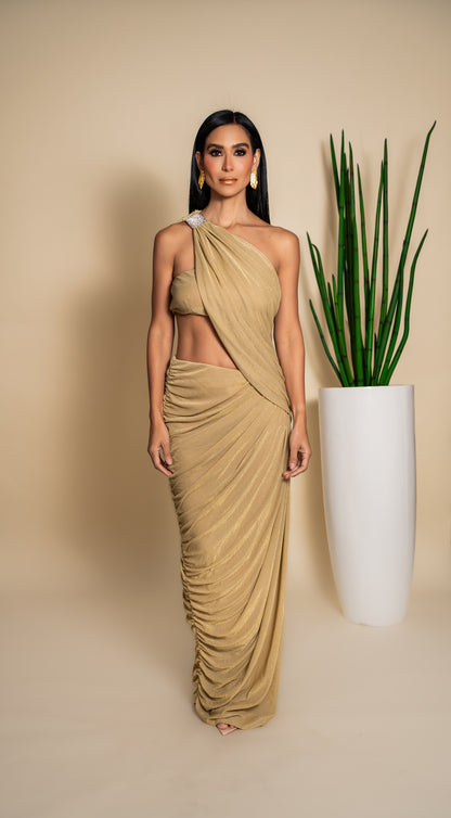 Gold Sand One-Shoulder Draped Maxi Dress