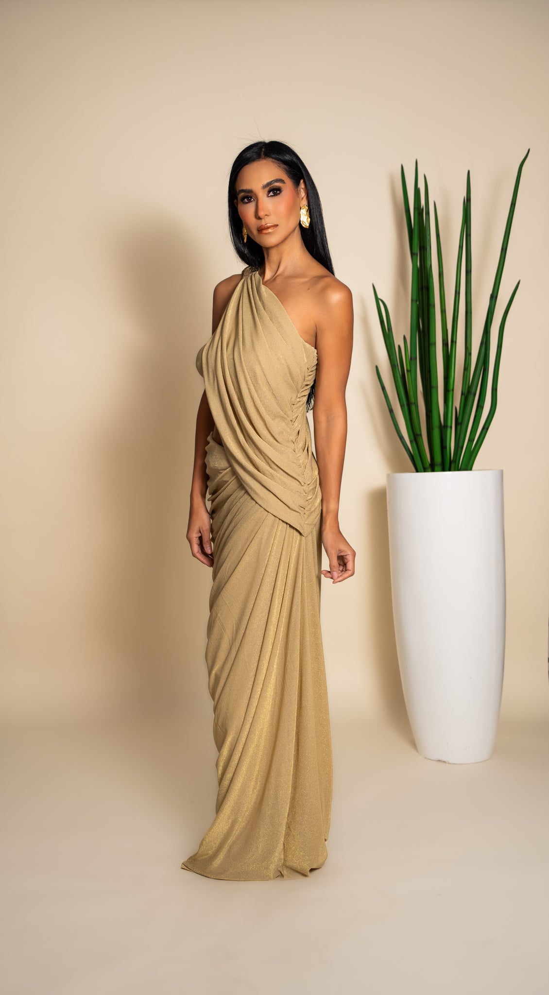 Gold Sand One-Shoulder Draped Maxi Dress