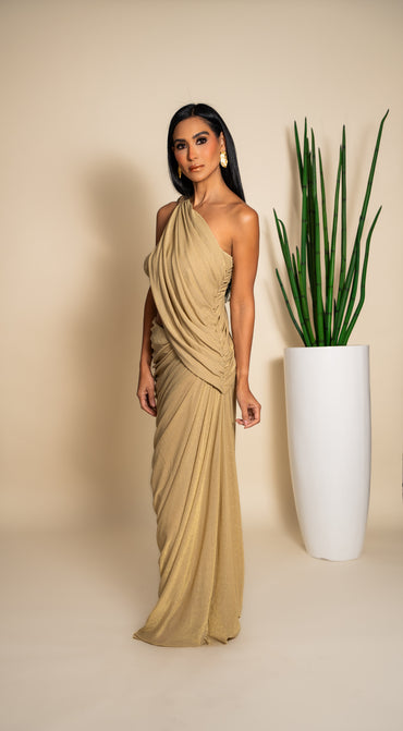 Gold Sand One-Shoulder Draped Maxi Dress