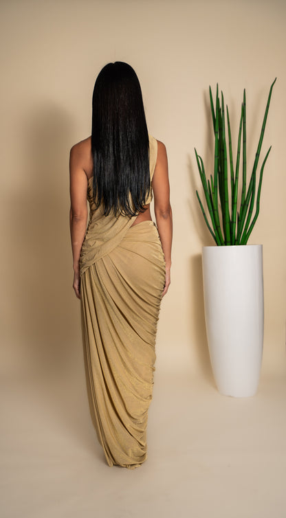 Gold Sand One-Shoulder Draped Maxi Dress