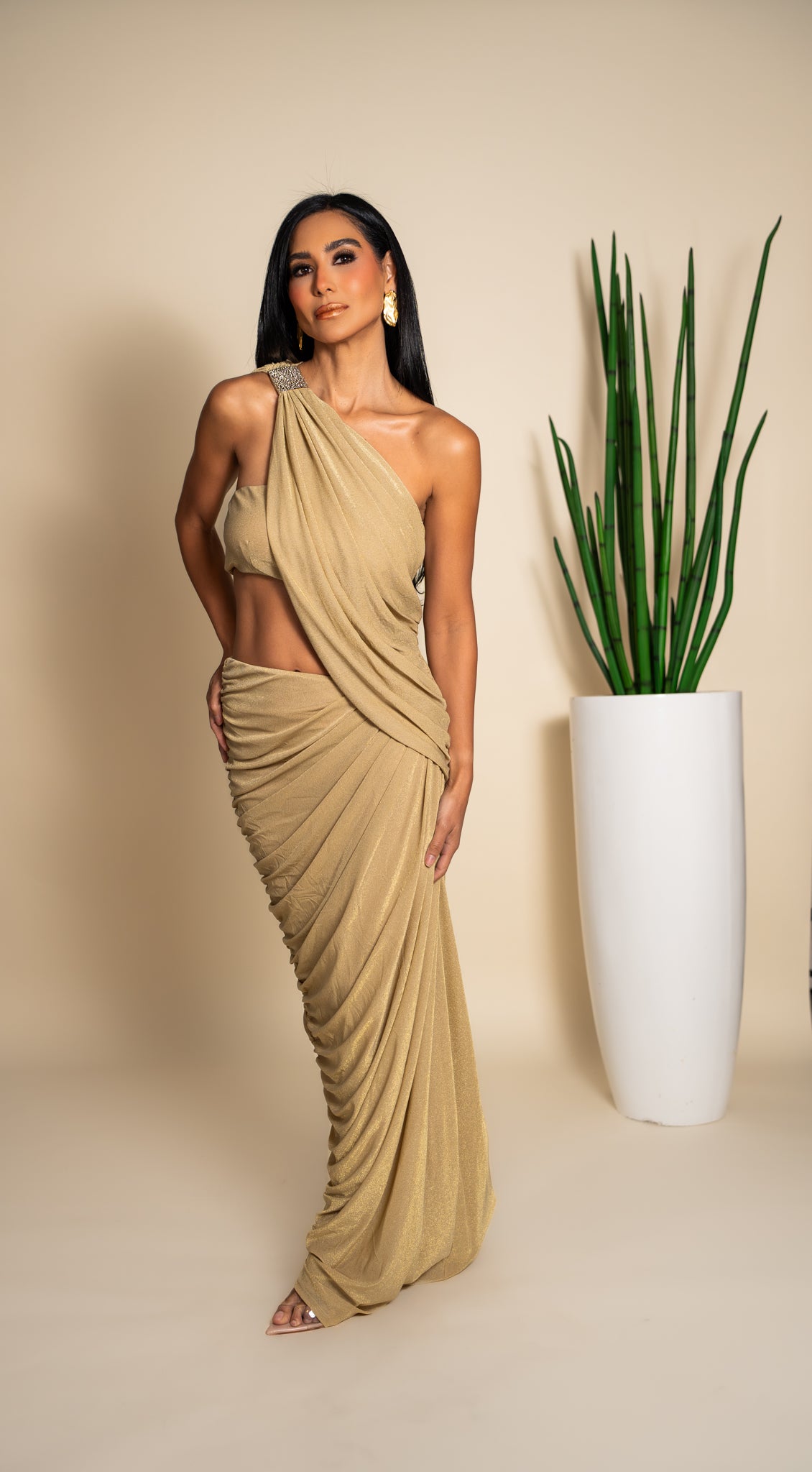 Gold Sand One-Shoulder Draped Maxi Dress