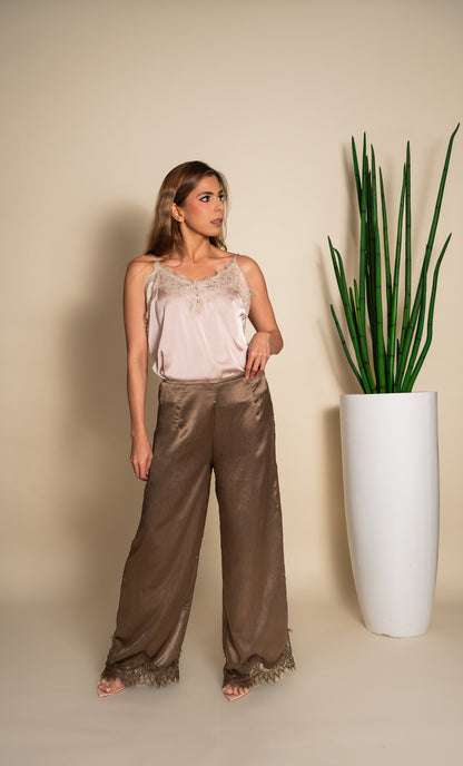 Taupe Satin Wide-Leg Lace Hem Pants
