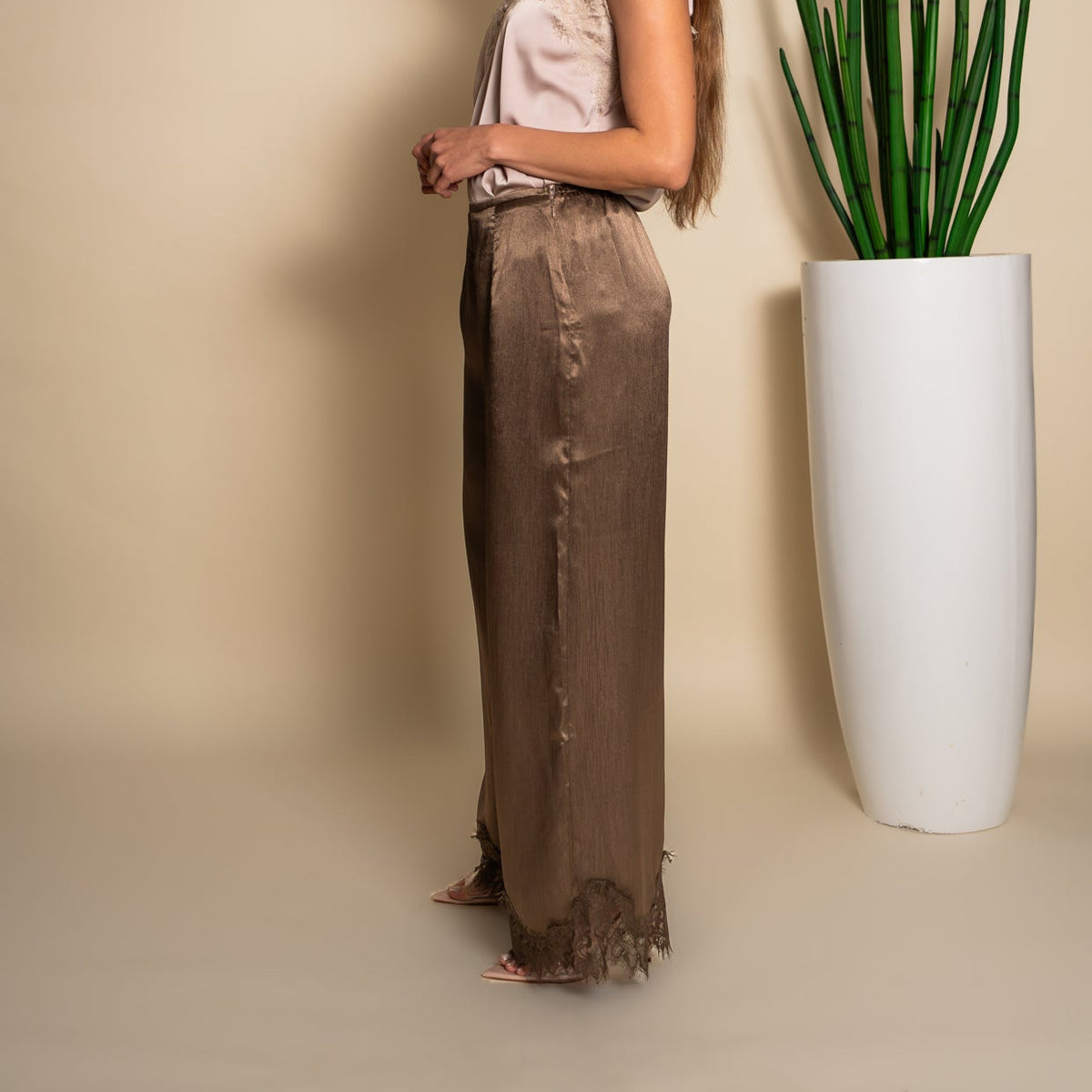 Taupe Satin Wide-Leg Lace Hem Pants