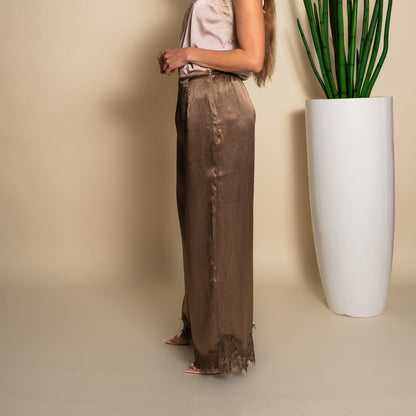Taupe Satin Wide-Leg Lace Hem Pants